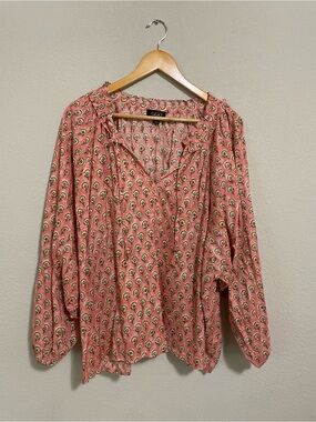 Gigio Pink Block-printed Cotton Peasant Top bohemian preppy coastal brunch